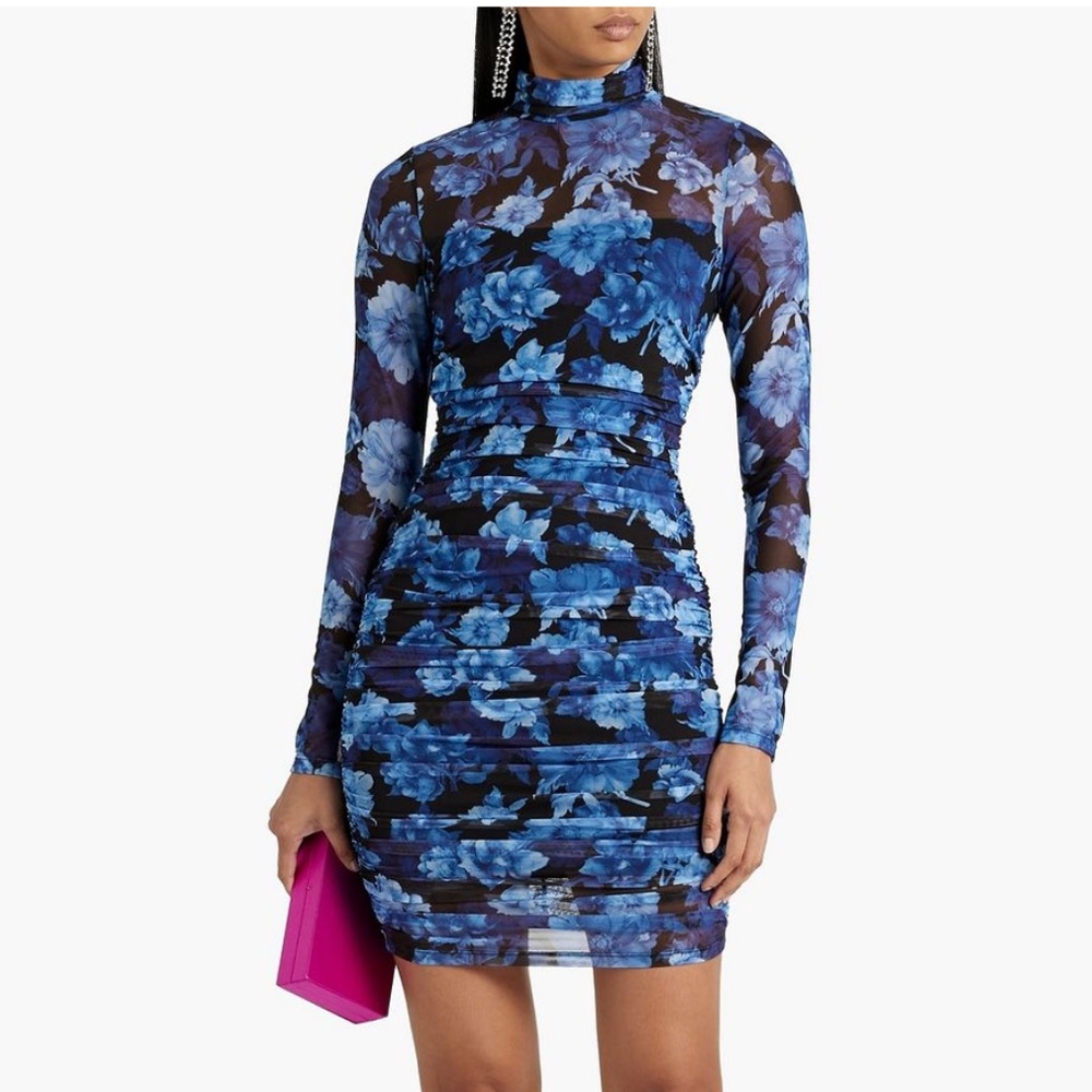 ALICE + OLIVIA  Sz 8 DELORA FLORAL RUCHED STRETCH MESH BLUE BODY-CON DRESS